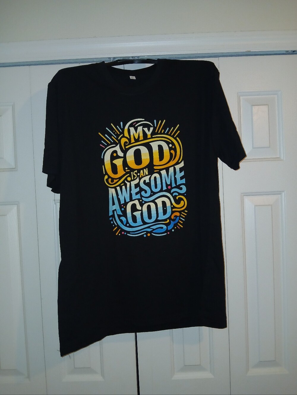 My God Is An Awesome God Graphic Tee - Black with Gold & Teal Print